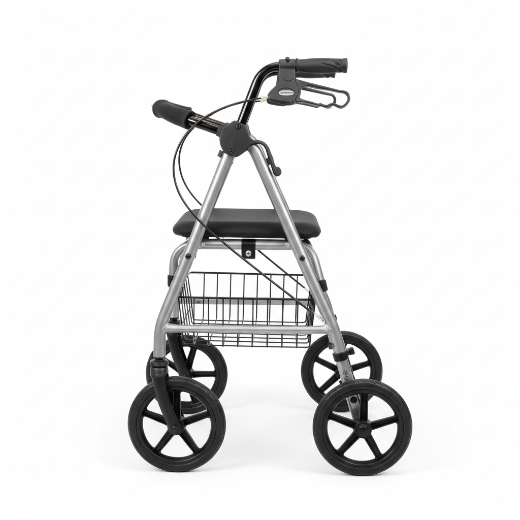 Rollator walker side view with hand brakes
