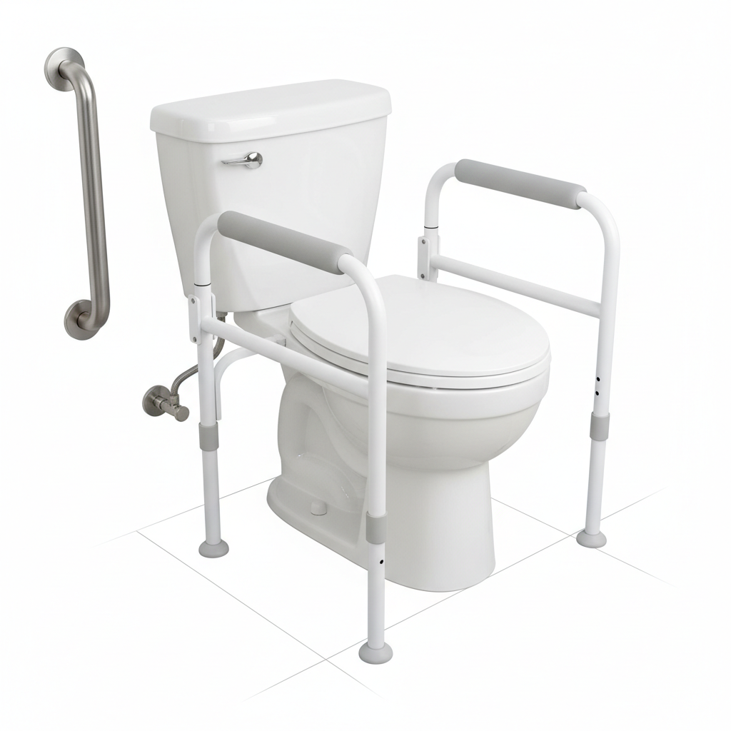 Toilet safety frame installed on toilet