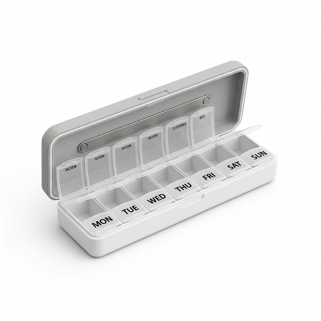 Weekly pill box open showing daily compartments